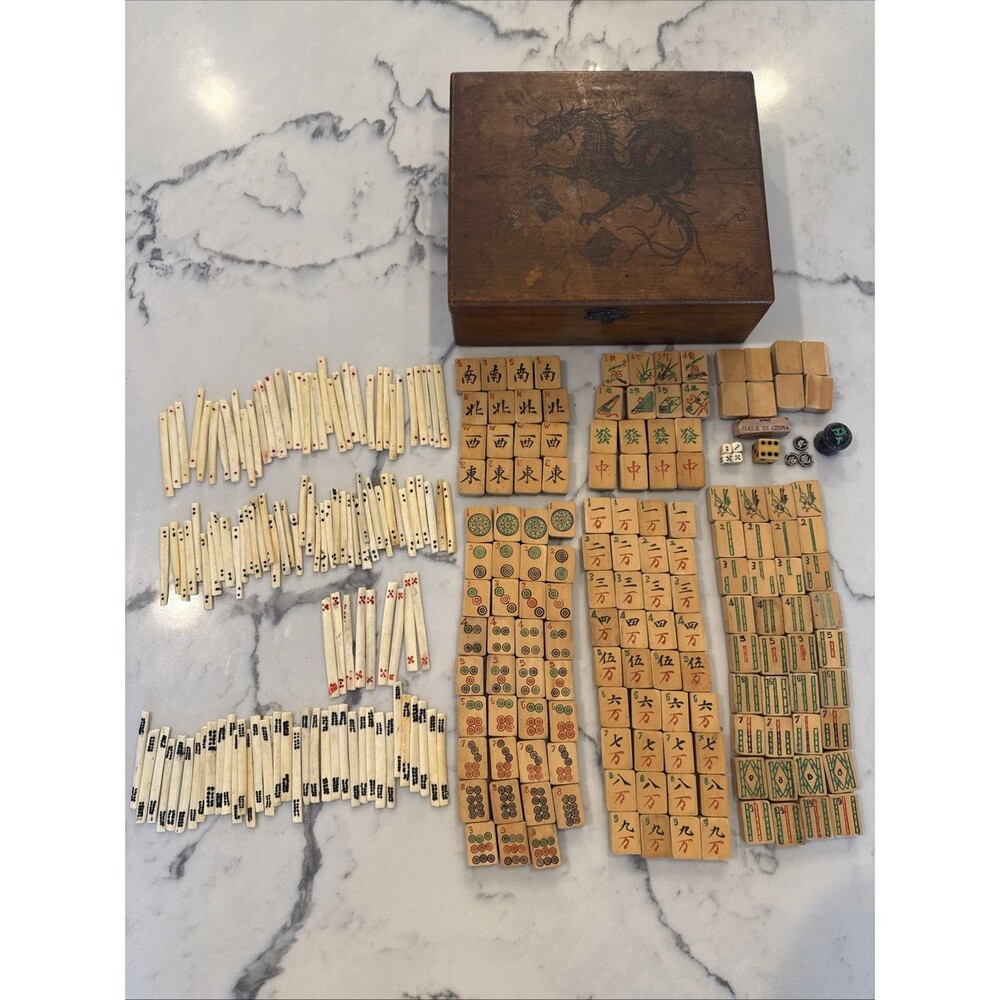 Vintage Chinese Mahjong Set Dragon Carved Wood Box Bamboo 147 Tiles Sticks Dice